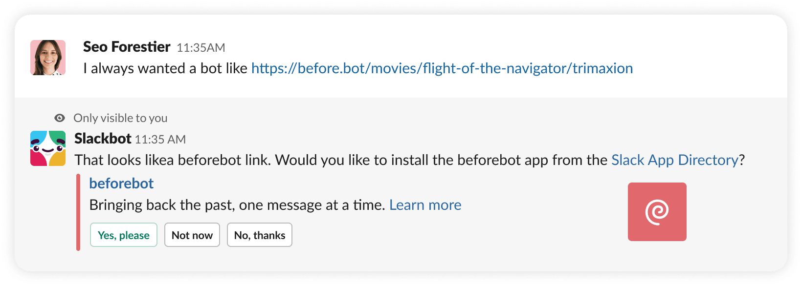 An example app suggestion for a bot called @beforebot.