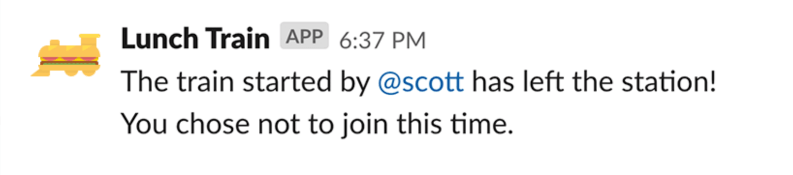 Lunch group app message after cleanup, with the buttons gone